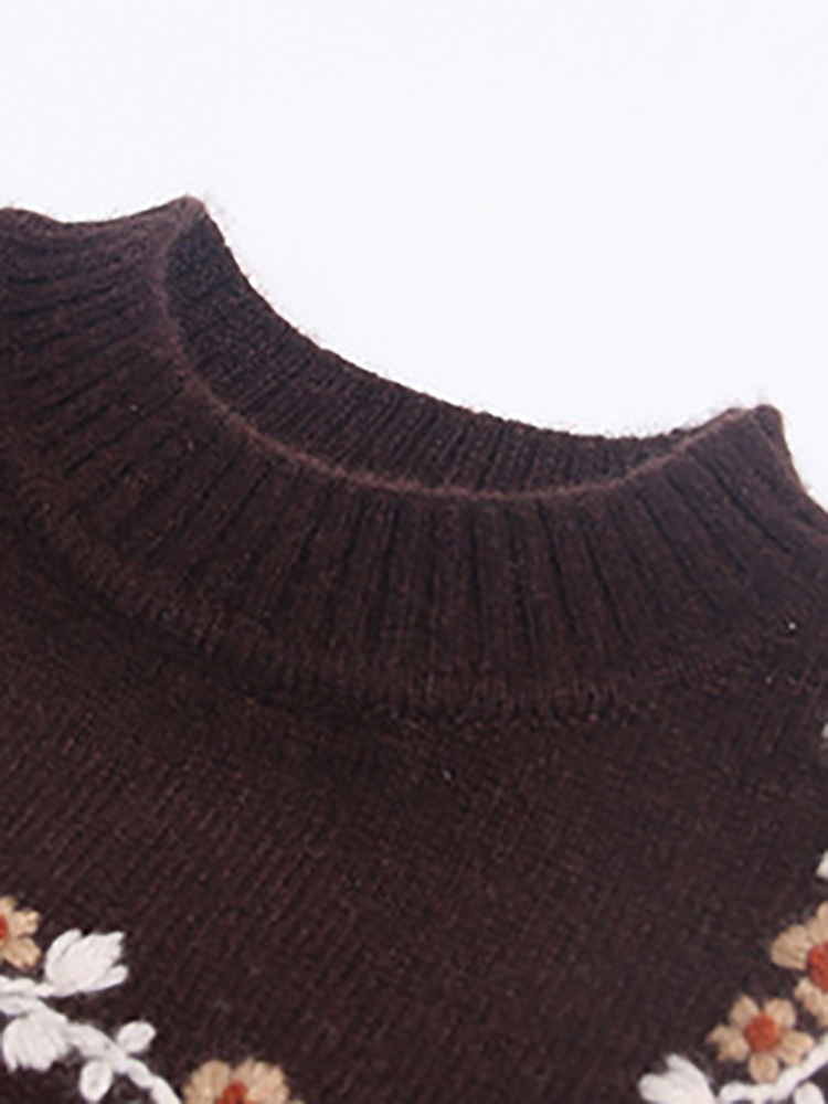 Girls Chocolate Brown Ruffled Floral Yoke Cashmere Sweater